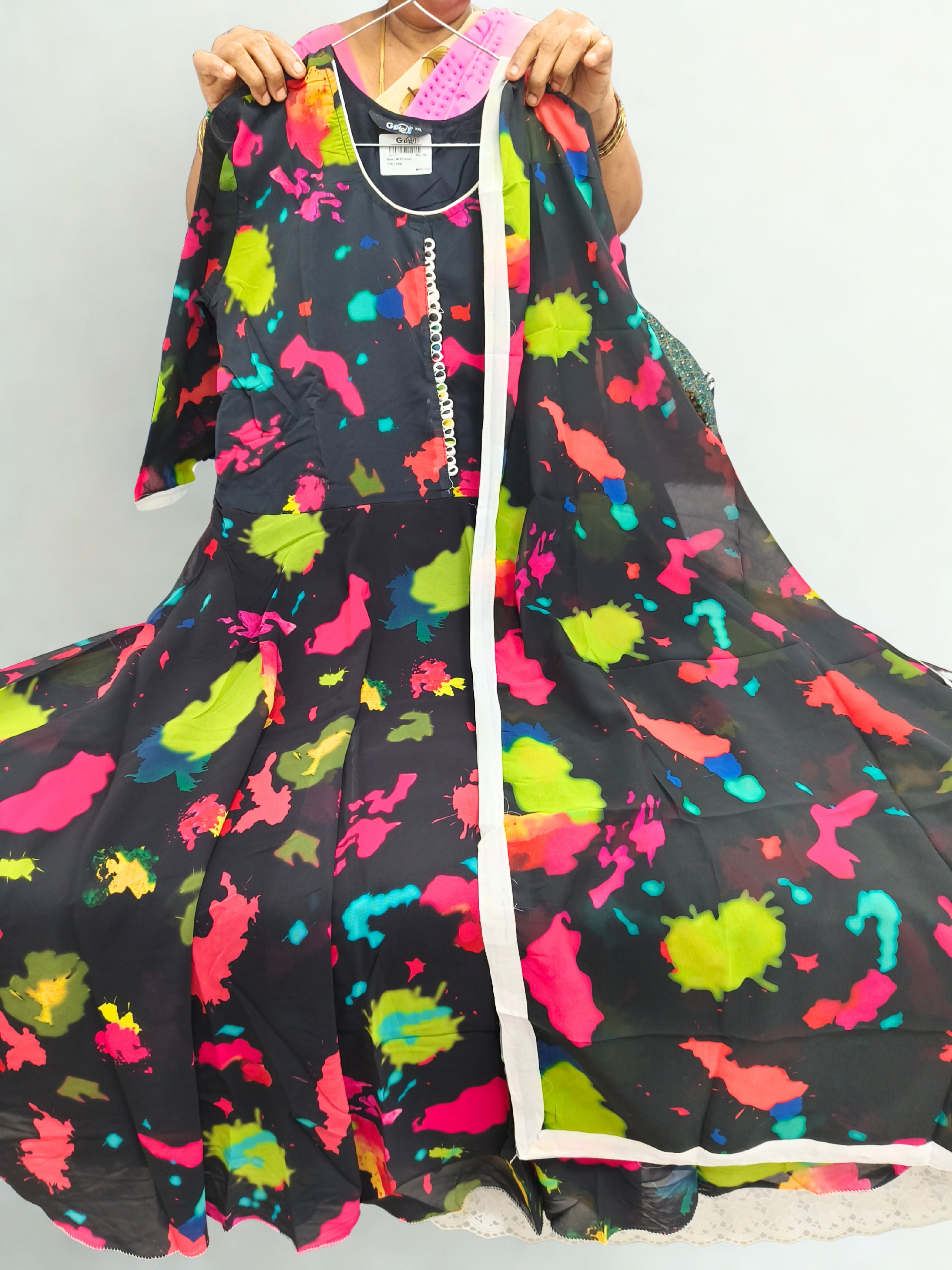 Black Premium Roman Silk Anarkali lining Long Gown with Silk Dupatta