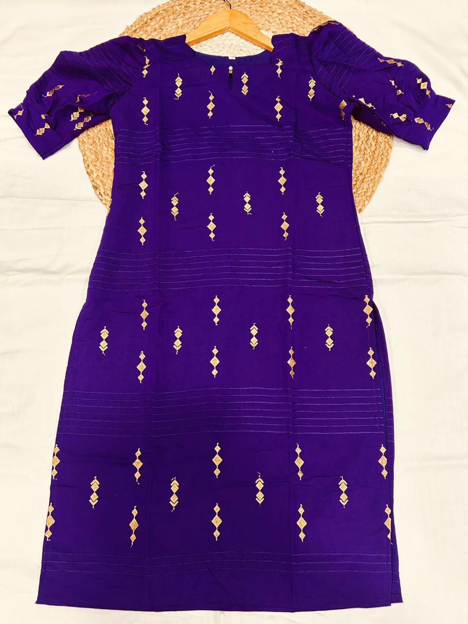 Purple Roman Silk Puff Sleeve Trendy Neck Lining Kurti – Elegant & Modern Charm