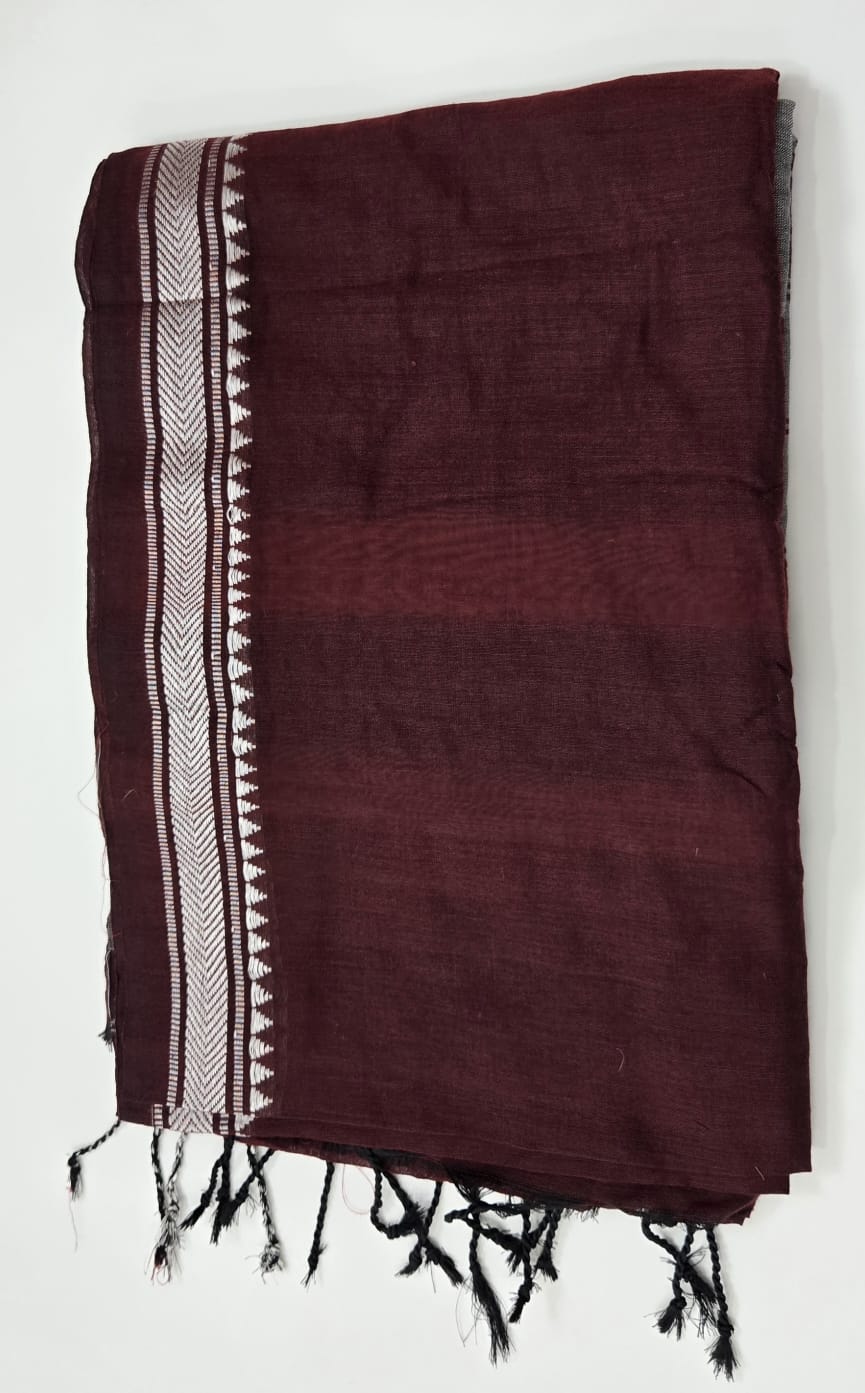 Graceful Maroon Narayanpet Cotton Saree with Contrast Grey Pallu & Silver Border