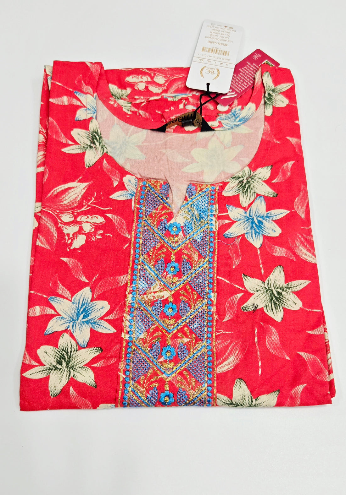 Cherry Red Rayon Office Wear Kurti with Mustard Contrast & Embroidered Neck