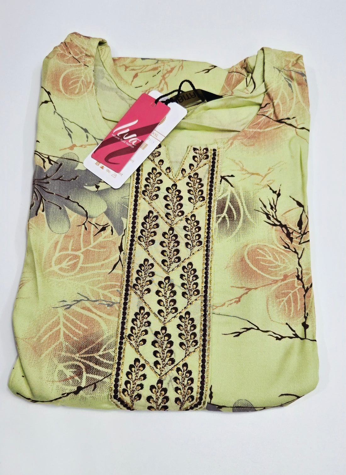Light Green Rayon Office Wear Kurti with Mustard Contrast & Embroidered Neck