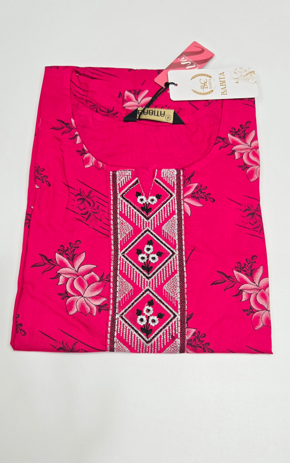 Hot Pink Rayon Office Wear Kurti with Embroidered Front Panel