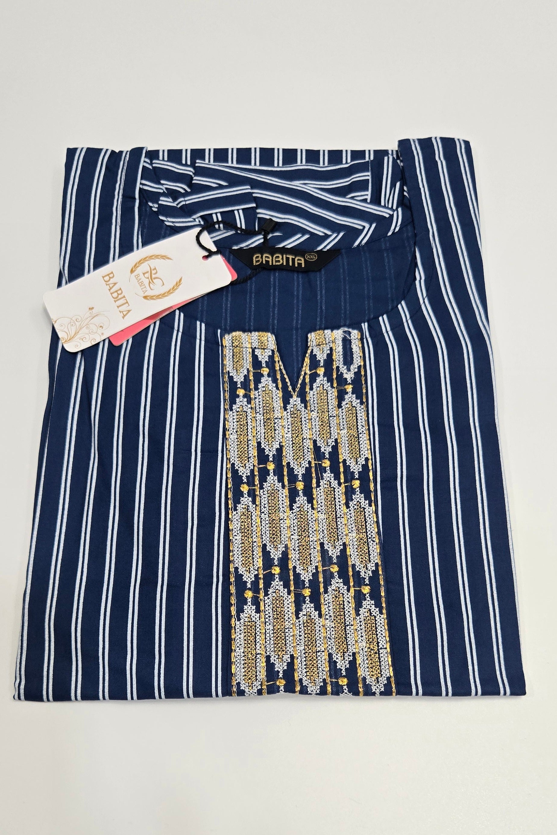 Navy Stripe Rayon Office Wear Kurti with Mustard Contrast & Embroidered Neck