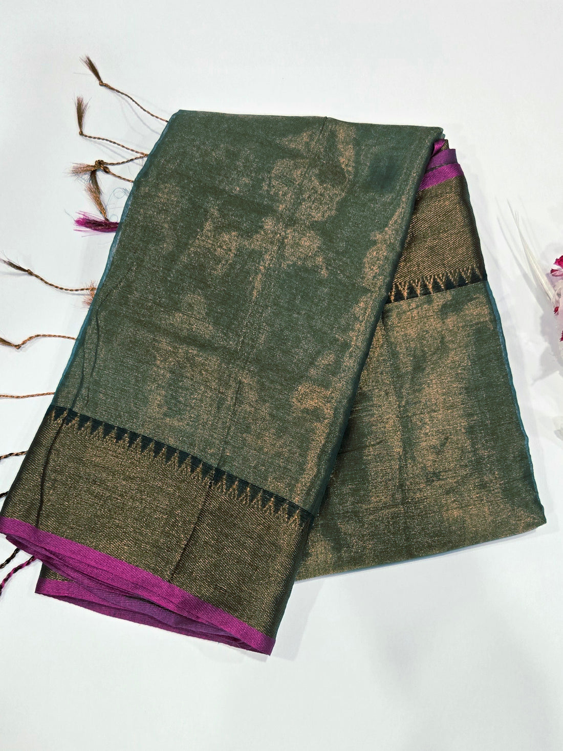 Golden Mint Green Raga Tissue Silk Saree with Running Blouse – Timeless Elegance in Every Drape