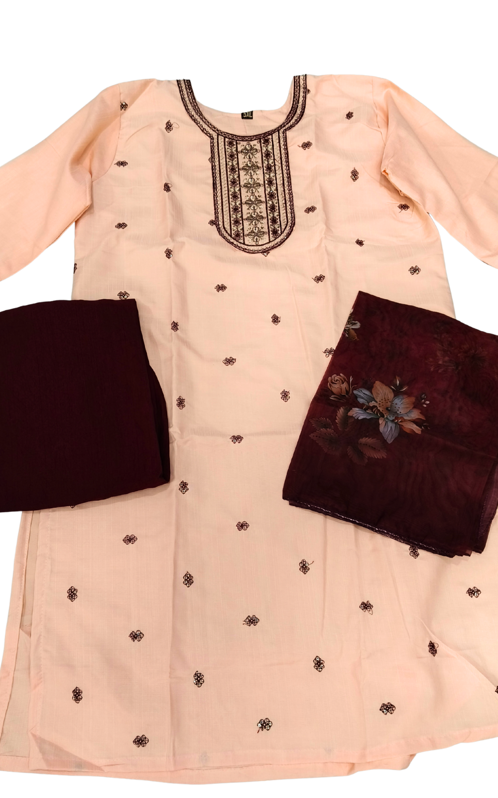 Peach shade Vatican Silk Plus Size Kurti Set with Pant & Organza Dupatta | 3 Piece Ethnic Wear