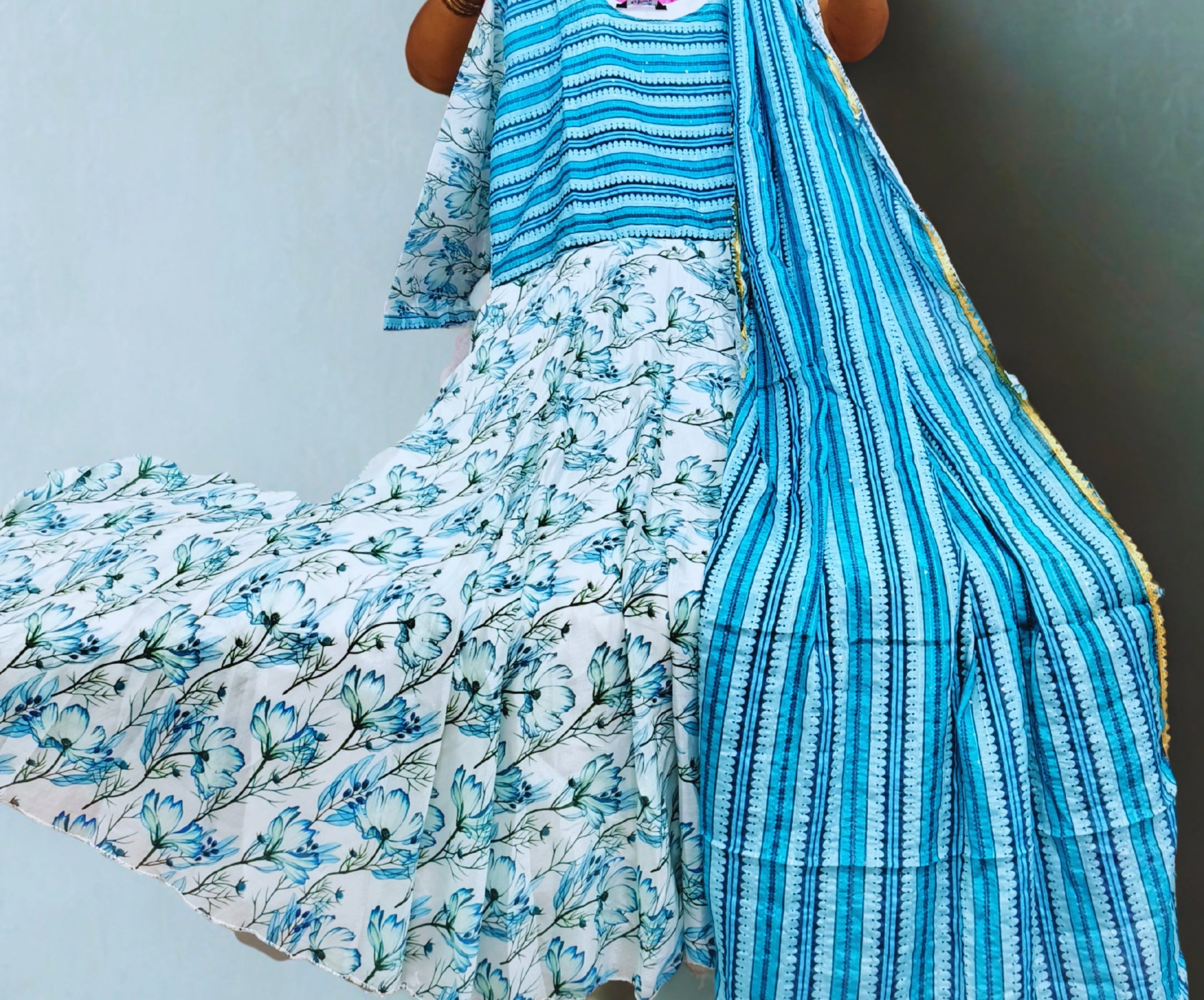 Blue Premium Roman Silk Anarkali lining Long Gown with Silk Dupatta