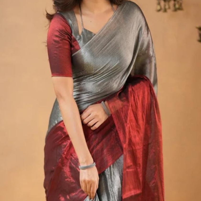 Maroon Dual shade Tissue Silk Saree with Elegant Contrast Border – Festive & Party Wear