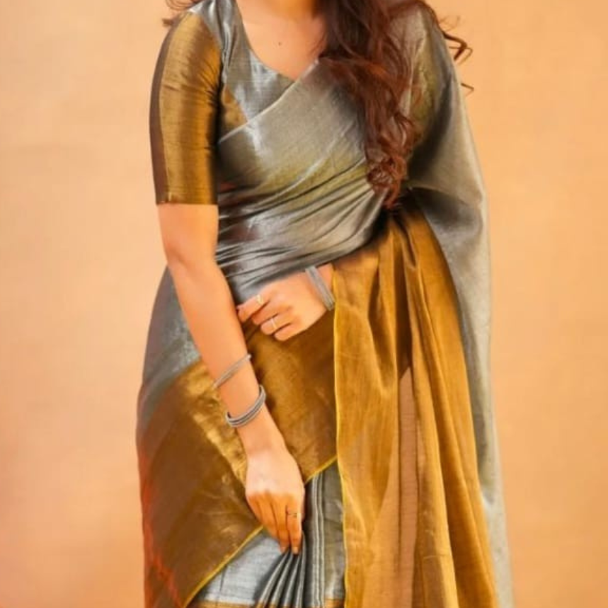 Golden Premium Tissue Silk Saree with Elegant Contrast Border – Festive & Party Wear