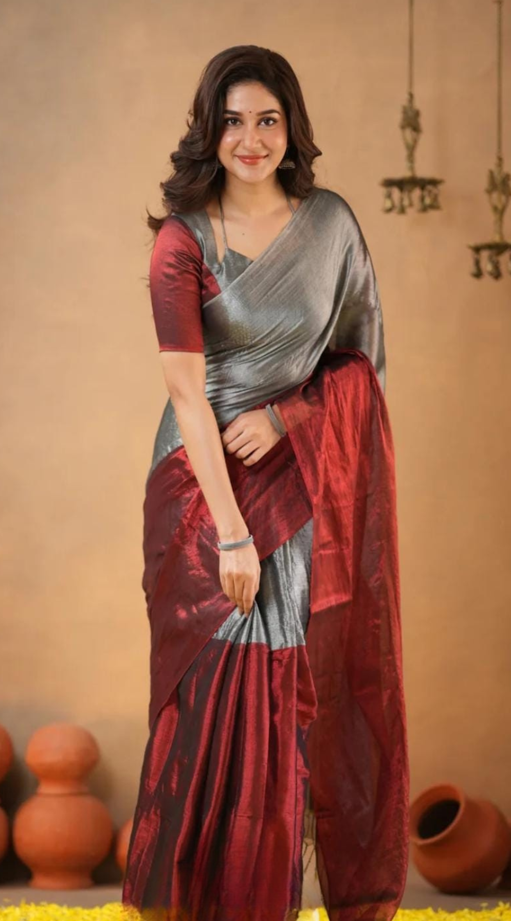 Maroon Dual shade Tissue Silk Saree with Elegant Contrast Border – Festive & Party Wear