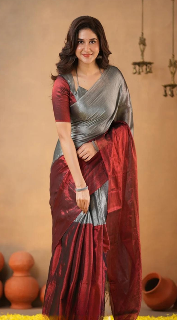 Maroon Dual shade Tissue Silk Saree with Elegant Contrast Border – Festive & Party Wear