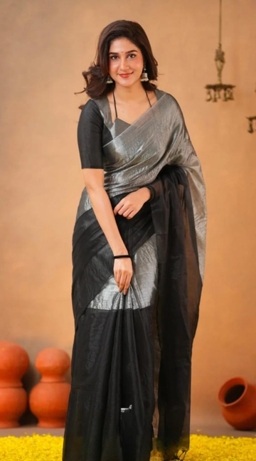 Black Dual Silver shade Tissue Silk Saree with Elegant Contrast Border – Festive & Party Wear
