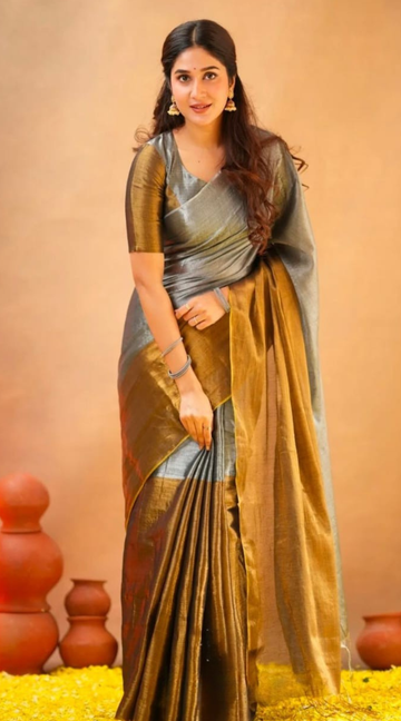 Golden Premium Tissue Silk Saree with Elegant Contrast Border – Festive & Party Wear