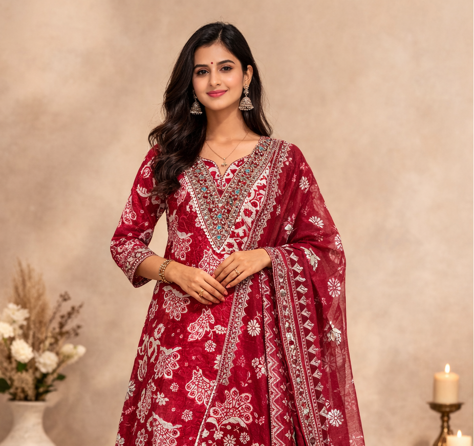 Maroon Cotton 3 Piece Kurti Pant Set with Dupatta