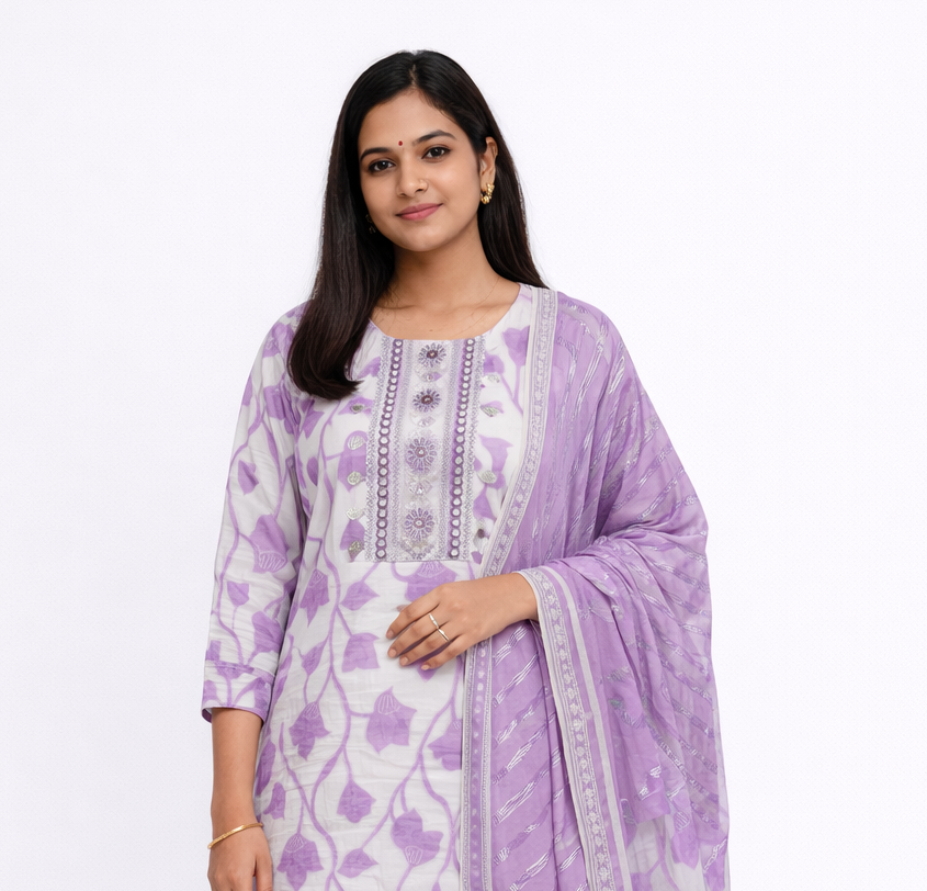 Lavender Cotton 3 Piece Kurti Pant Set with Dupatta