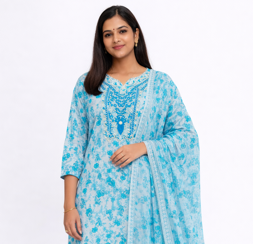 Aqua Blue Cotton 3 Piece Kurti Pant Set with Dupatta