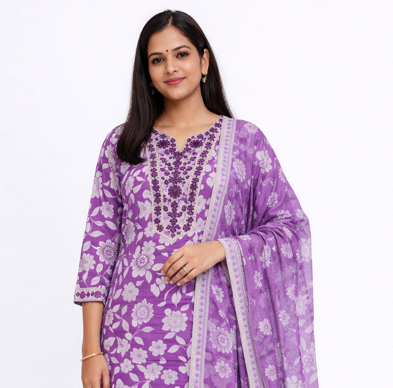 Violet  Cotton 3 Piece Kurti Pant Set with Dupatta
