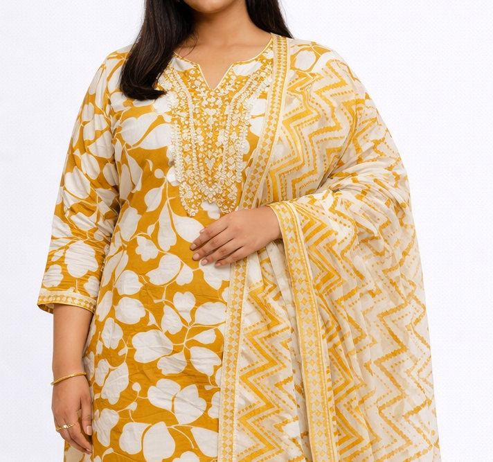 Mustard shade Cotton 3 Piece Kurti Set with Dupatta