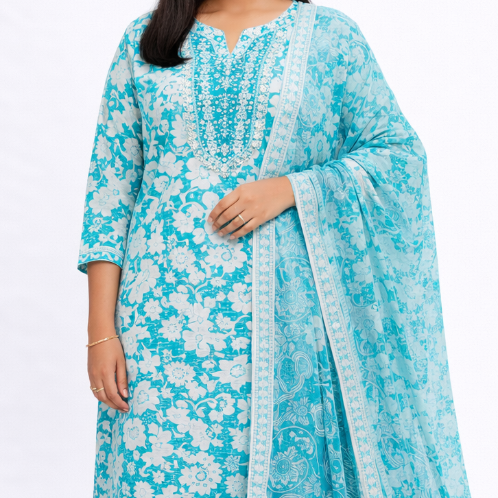 Aqua Blue Floral Cotton 3 Piece Kurti Pant Dupatta Set for Women