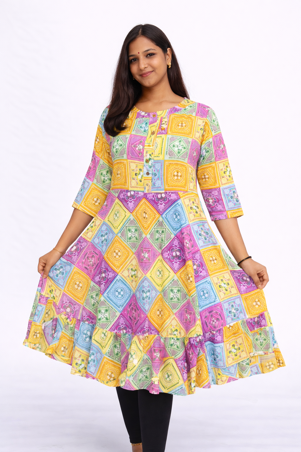 Multicolour Rajasthani Popcorn Lightweight Umbrella Kurti for Women