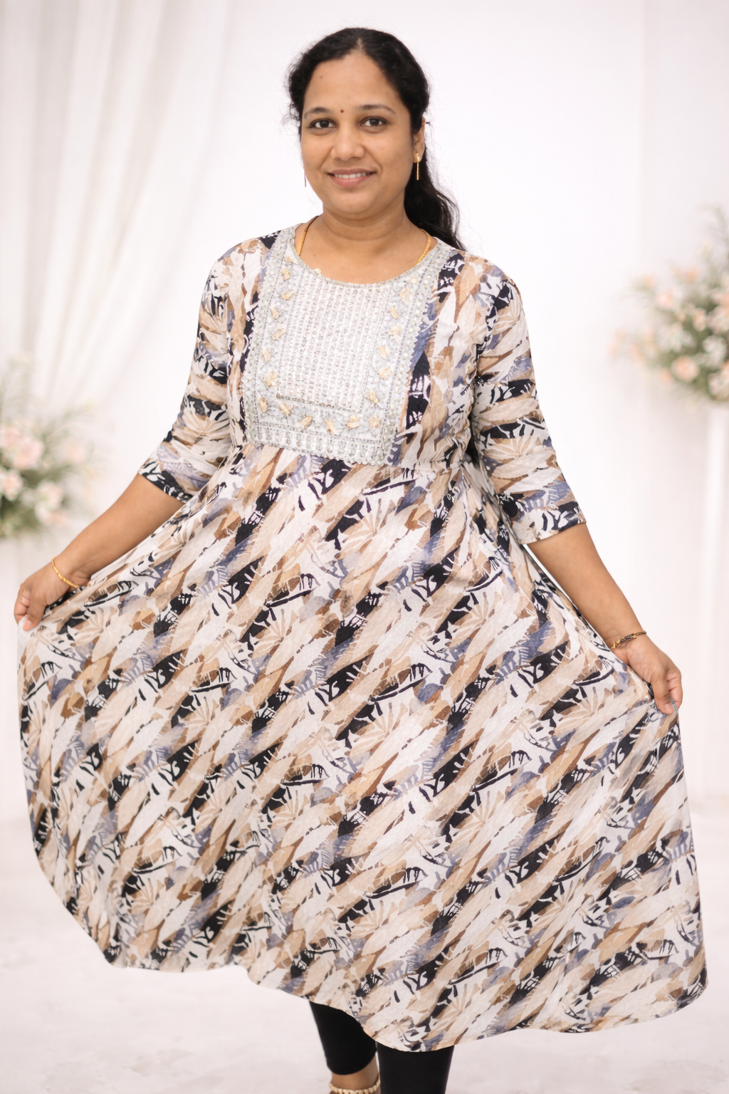 Brown Shade Popcorn Printed Umbrella Kurti with Embroidered Yoke