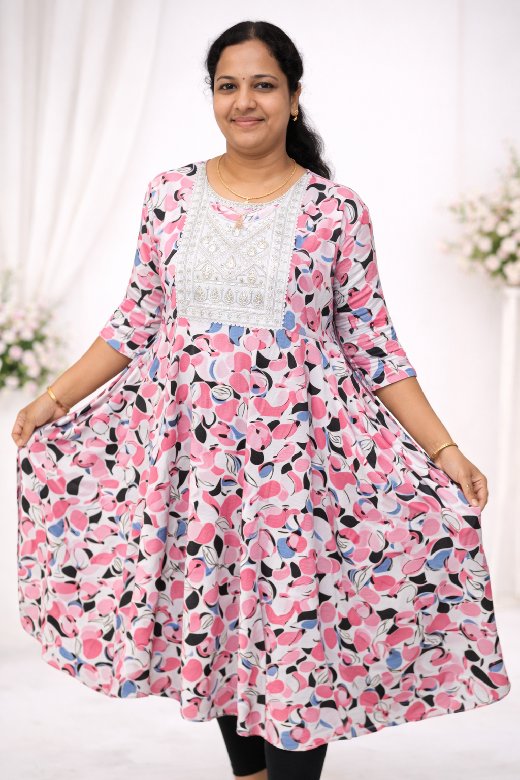 Pink Shade Popcorn Printed Umbrella Kurti with Embroidered Yoke