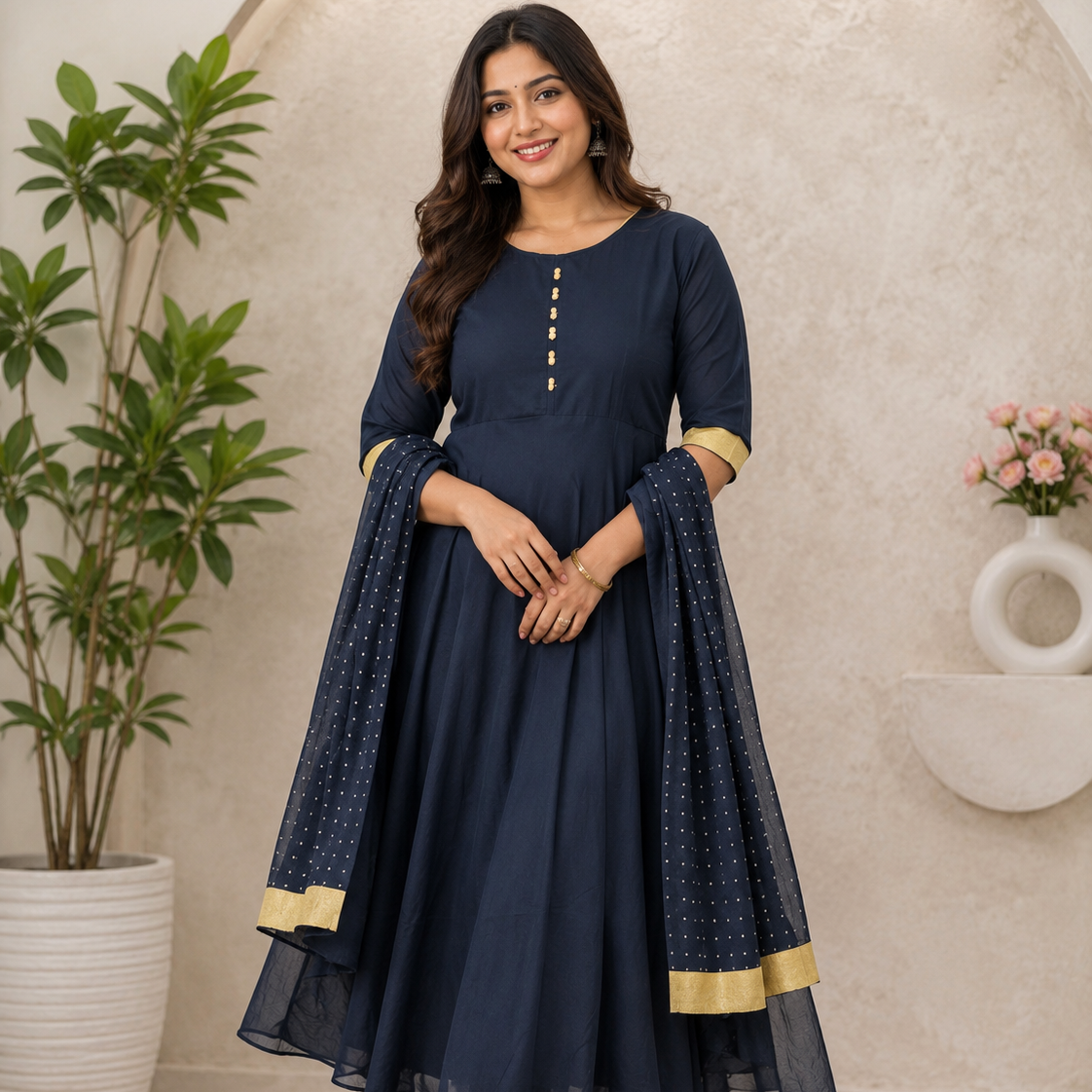 Navy Blue Long Umbrella Gown with Dupatta for Women | Elegant Ethnic Wear