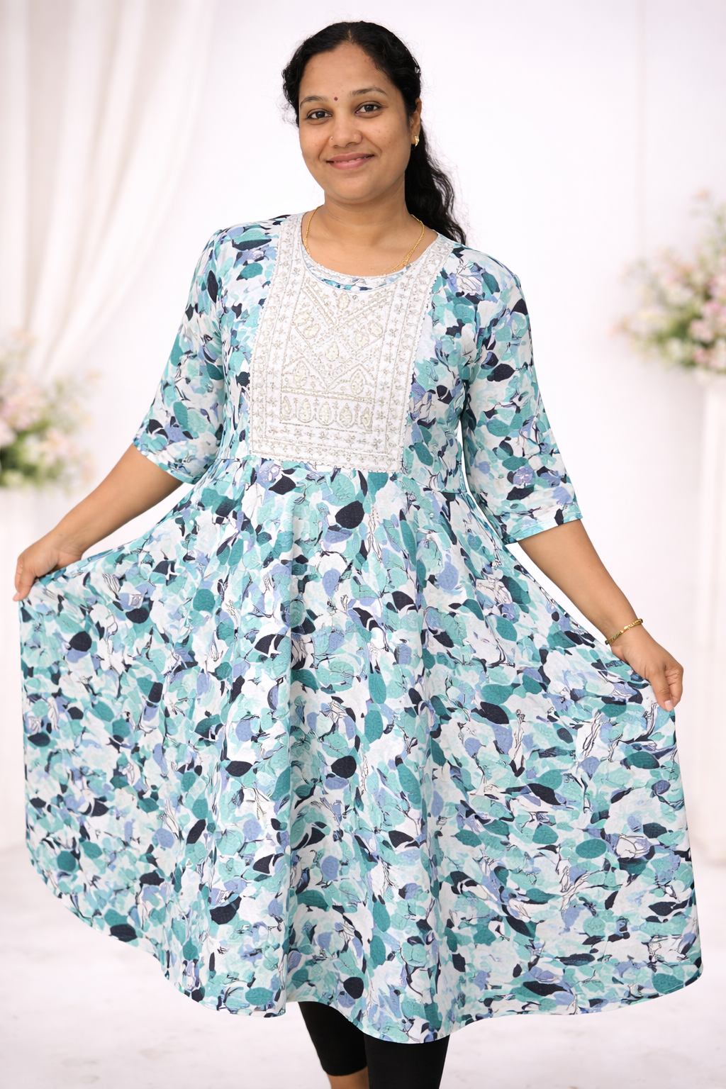 Blue Shade Popcorn Printed Umbrella Kurti with Embroidered Yoke