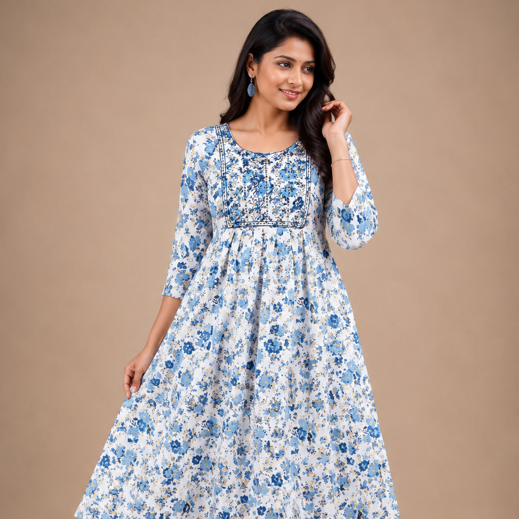 Popcorn Lightweight Umbrella Kurti | Floral Printed Flared Daily Wear Kurti