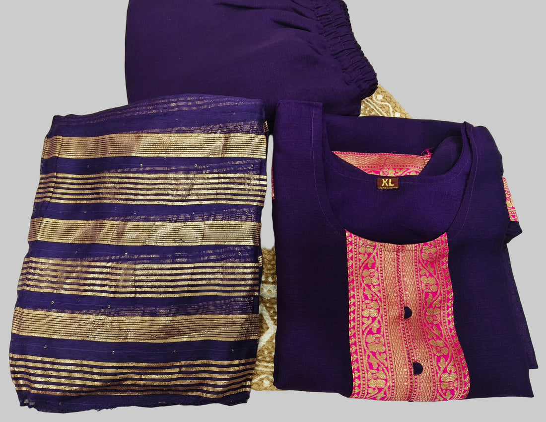 Violet premium Vichitra Silk kurti, pant and zari work dupatta with complete lining | Festive wear