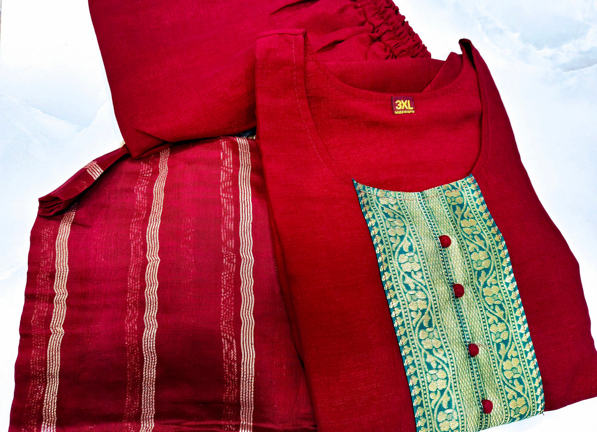 Maroon Vichitra Silk Kurti Pant & Zari Dupatta Set with Lining | Elegant Ethnic Wear Set
