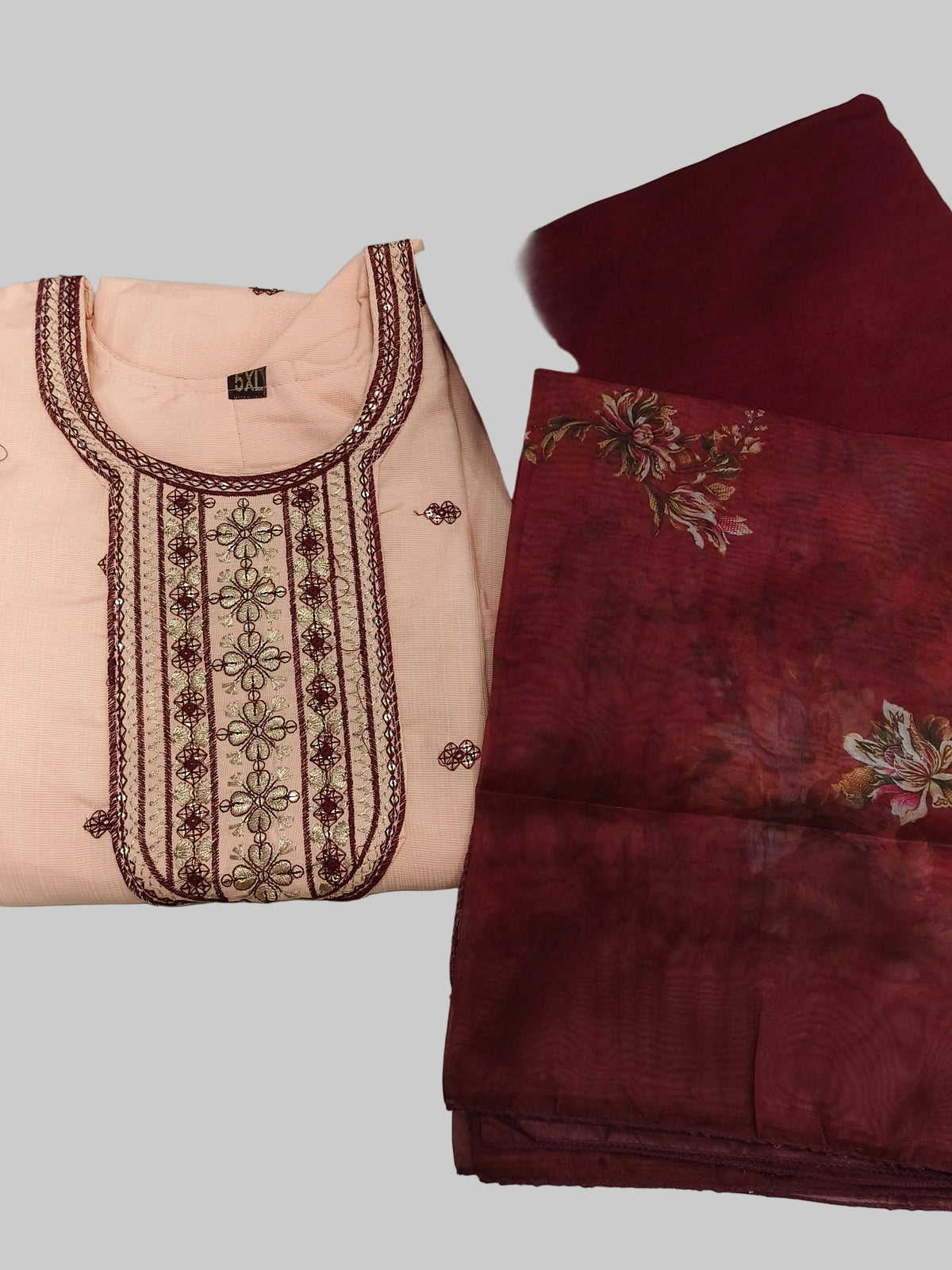 Peach shade Vatican Silk Plus Size Kurti Set with Pant & Organza Dupatta | 3 Piece Ethnic Wear