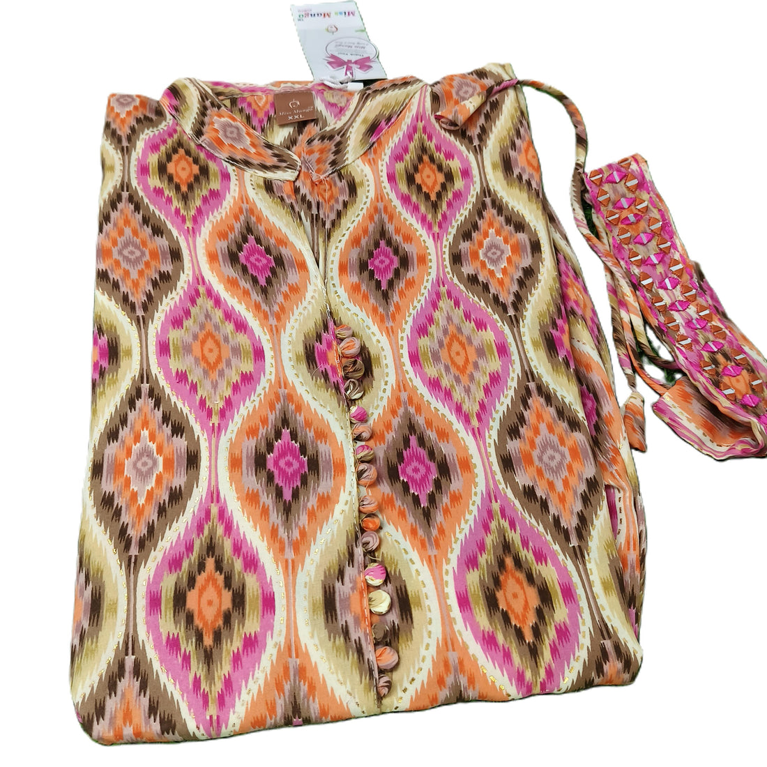 Ikat Print Umbrella Collar Neck Kurti with Mirrorwork Belt – Trendy Ethnic Wear for Women