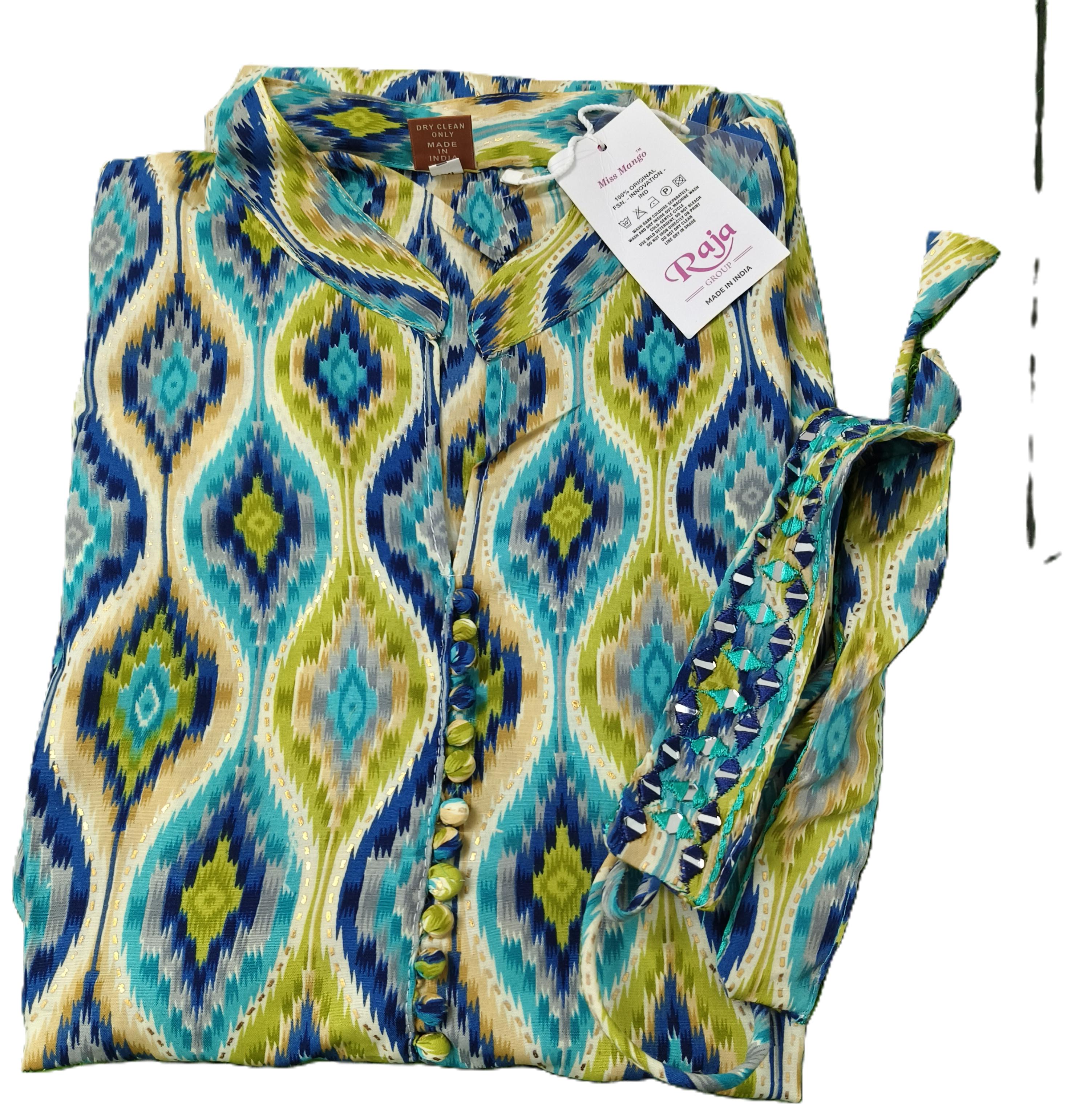 Ikat Print Umbrella Collar Neck Kurti with Mirrorwork Belt – Trendy Ethnic Wear for Women