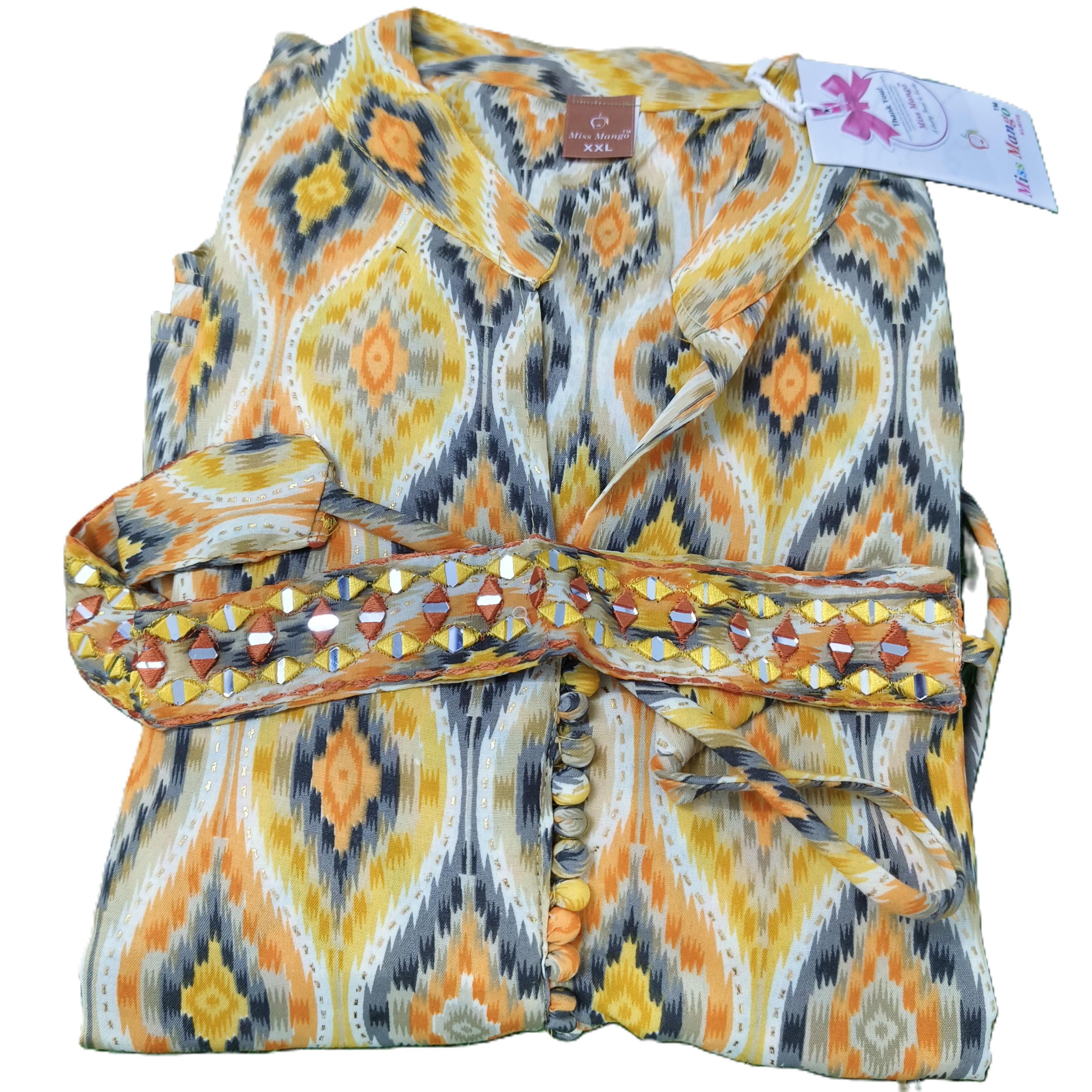 Ikat Print Umbrella Collar Neck Kurti with Mirrorwork Belt – Trendy Ethnic Wear for Women