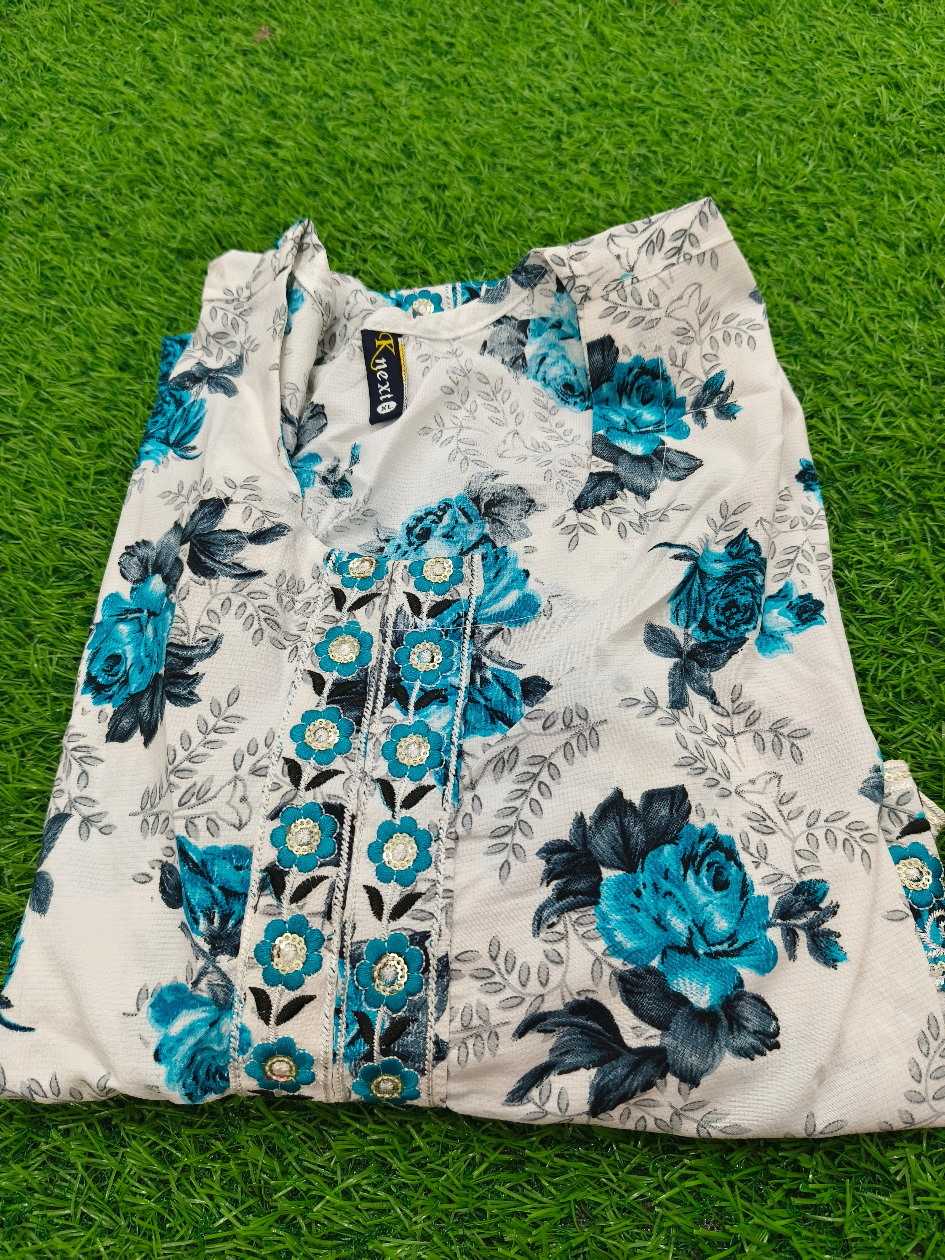 Premium Blue Floral Printed Umbrella Kurti for Women | Elegant A-Line Flared Ethnic Wear