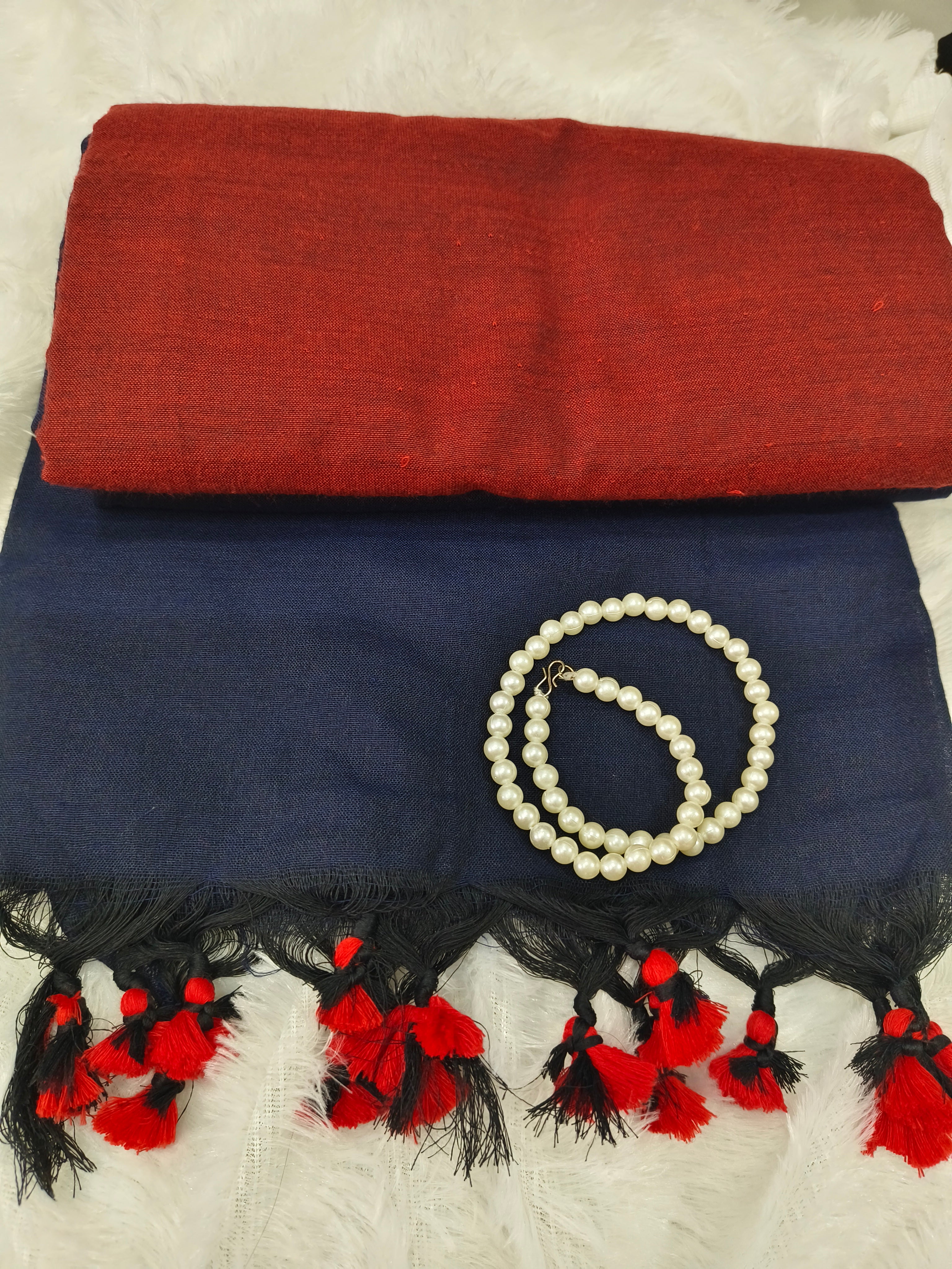 Khadi Cotton Saree with Tassels & Contrast Pallu with Running Blouse