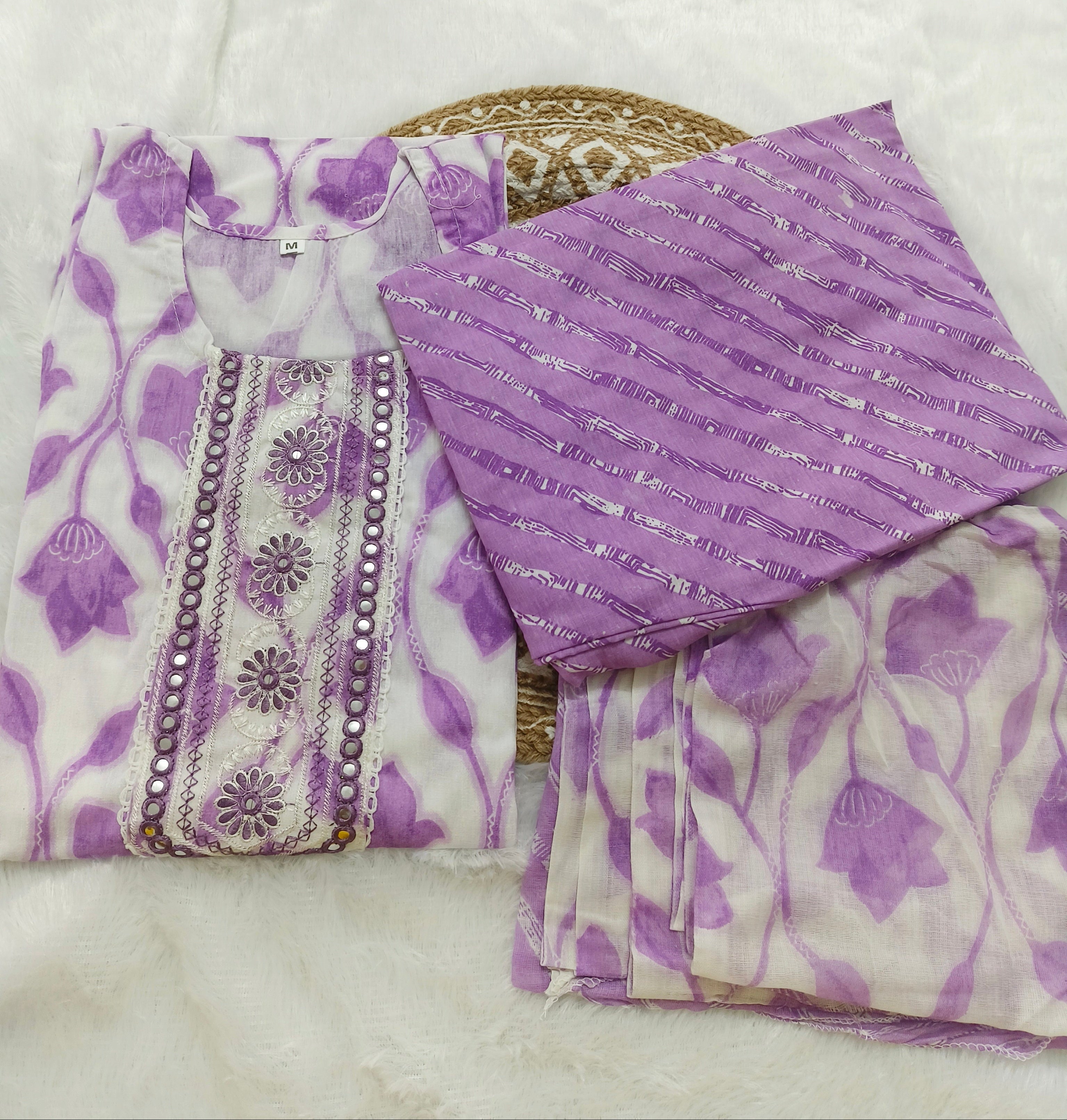 Lavender Cotton 3 Piece Kurti Pant Set with Dupatta