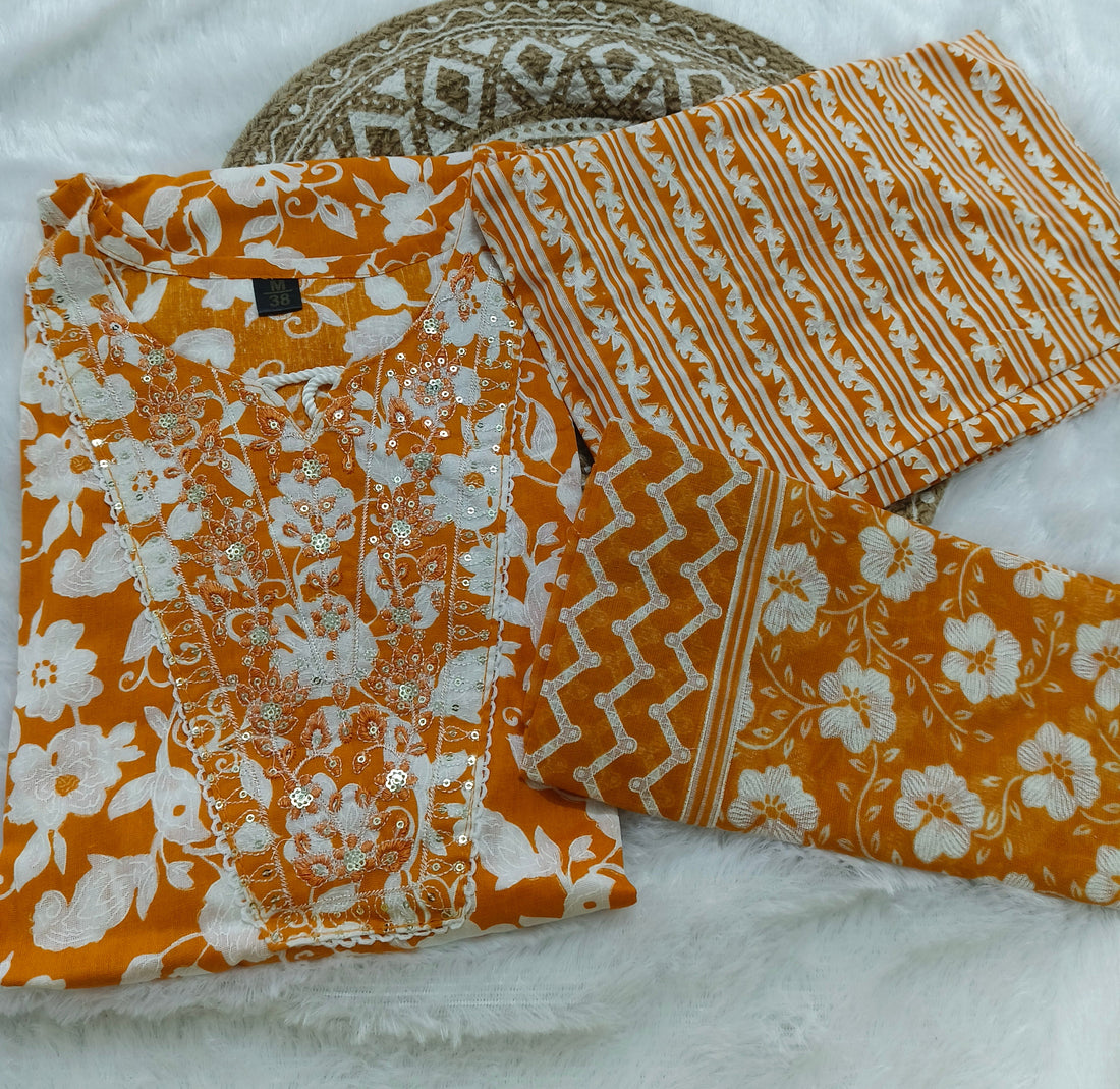 Mustard shade Cotton 3 Piece Kurti Pant Set with Dupatta