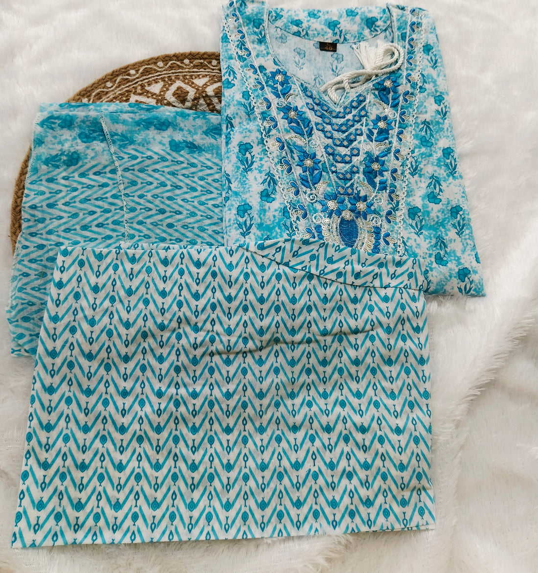 Aqua Blue Cotton 3 Piece Kurti Pant Set with Dupatta