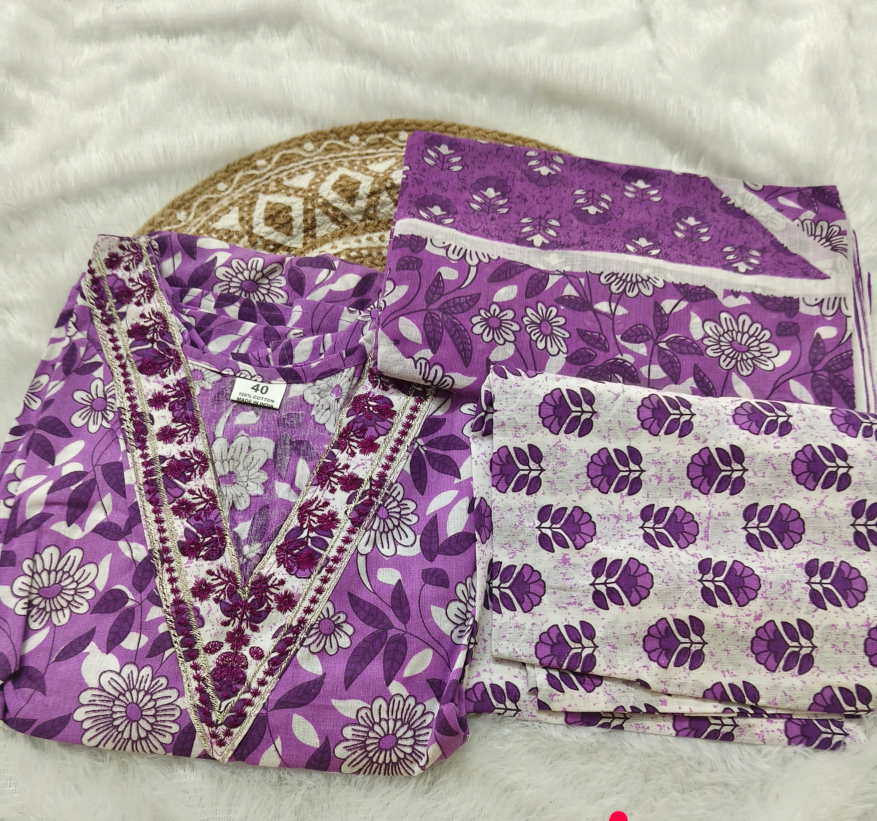 Violet  Cotton 3 Piece Kurti Pant Set with Dupatta