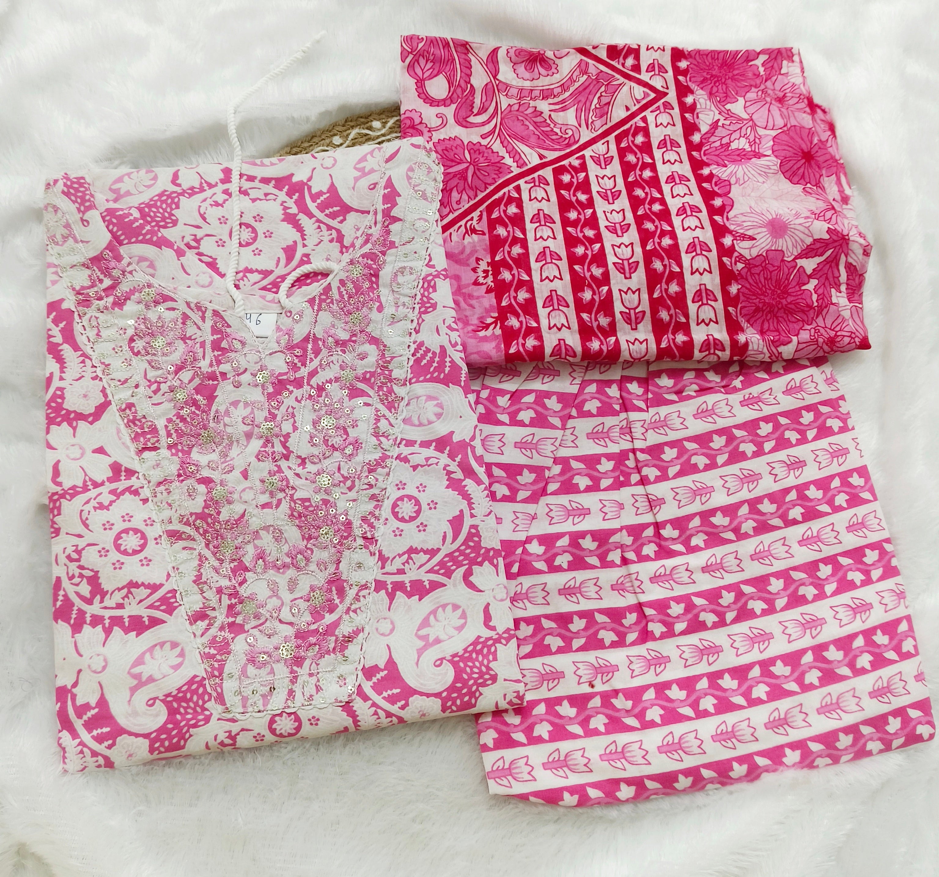 Pink Cotton 3 Piece Kurti Set with Dupatta - Office wear