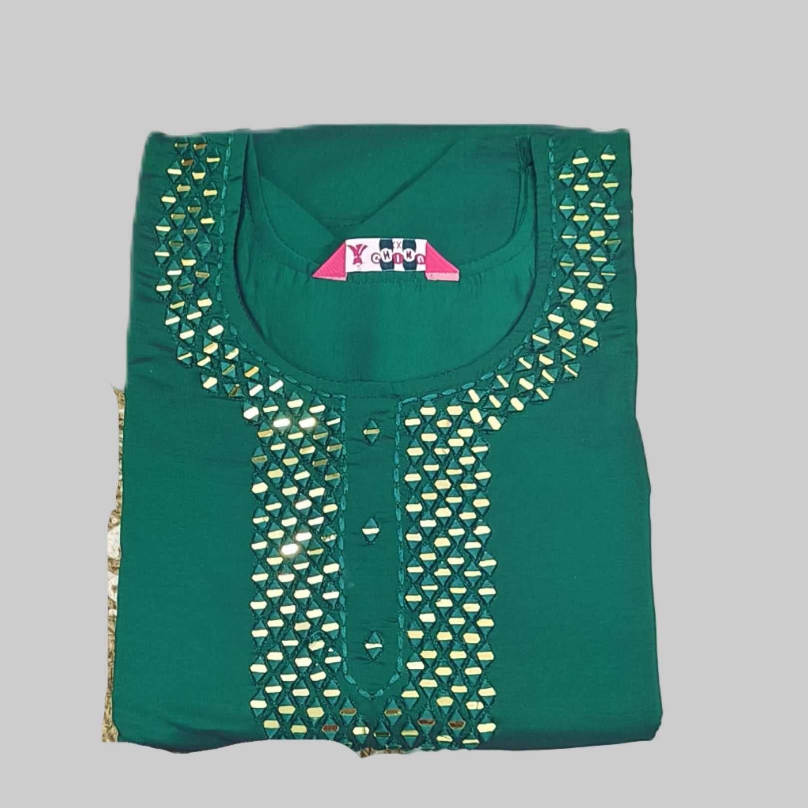 Green Party wear Mirror work Silk Umbrella Kurti with crepe lining