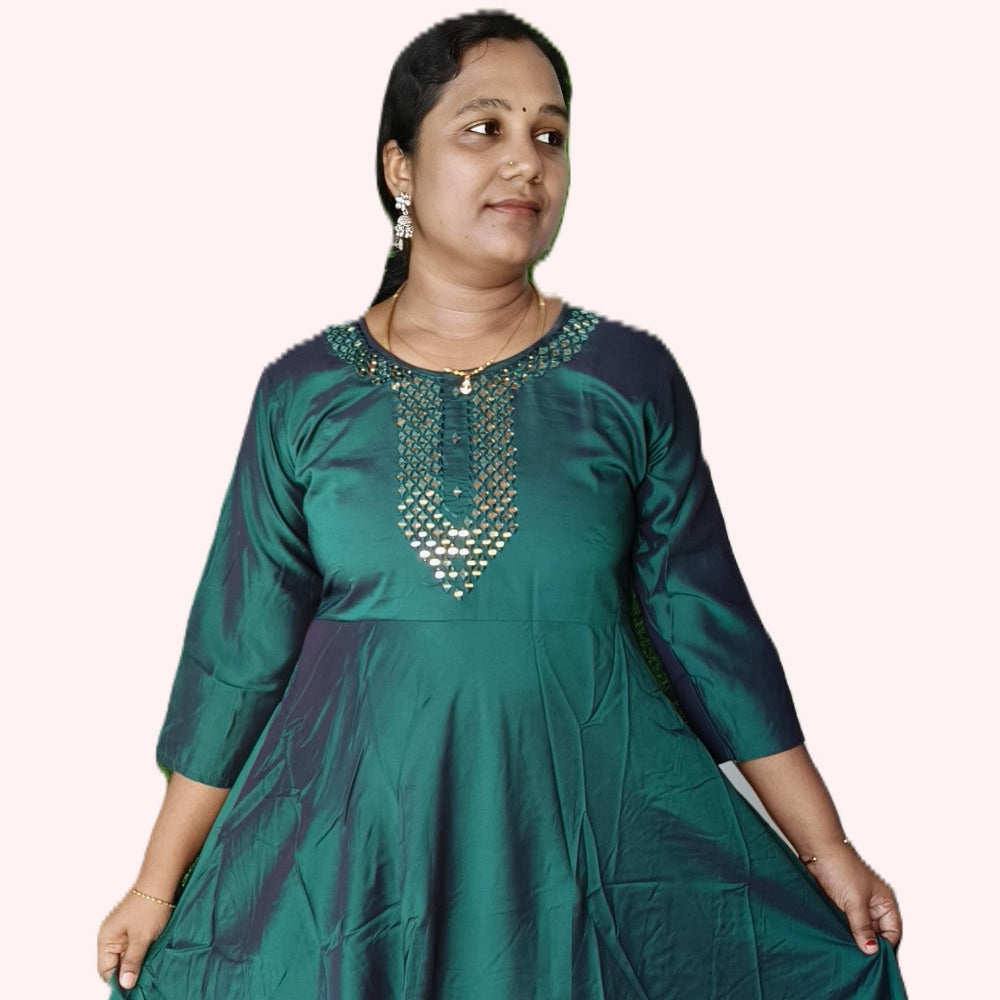Green Party wear Mirror work Silk Umbrella Kurti with crepe lining