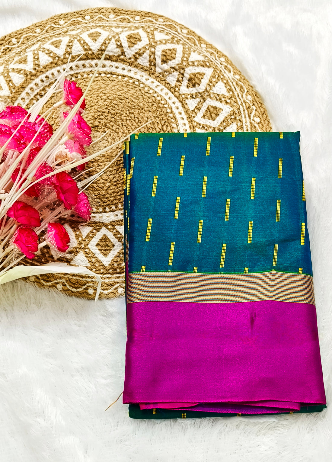 Green Semi Silk Dual-Tone Saree with Pink Border & Running Blouse