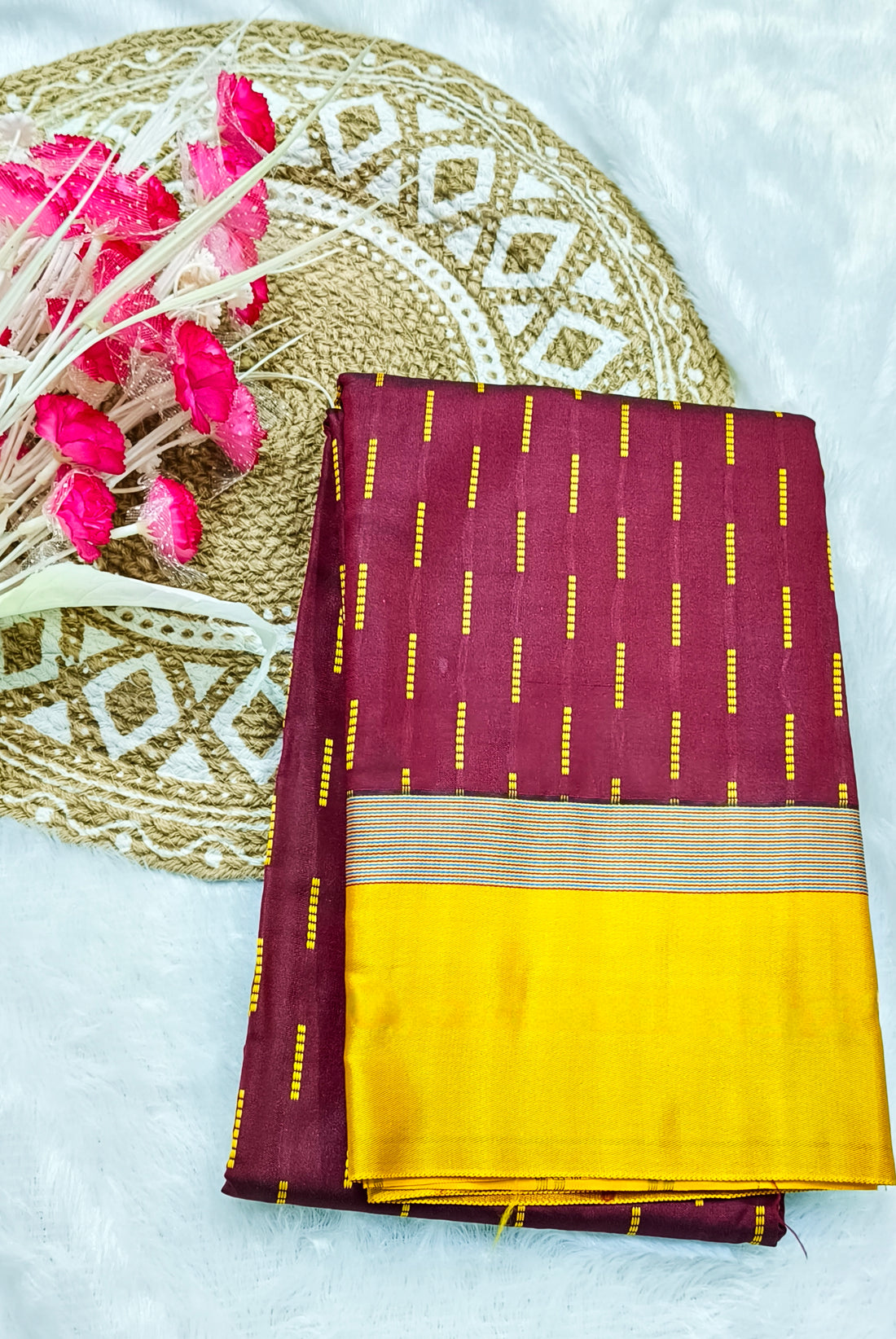 Maroon Semi Silk Dual-Tone Saree with Golden Border & Running Blouse