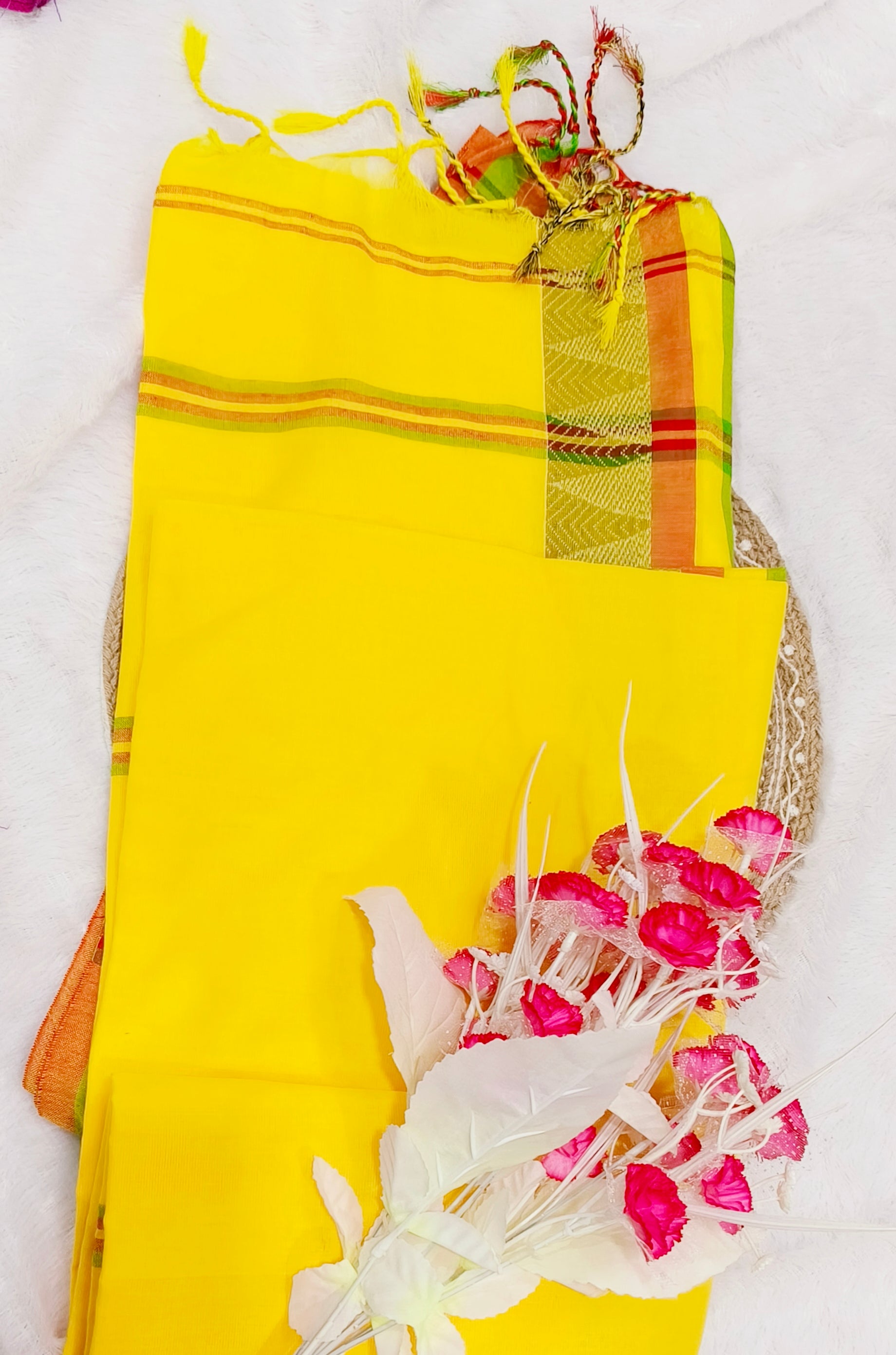 Yellow Handloom Soft Cotton Sarees with Temple Kanchivaram Silk style Border