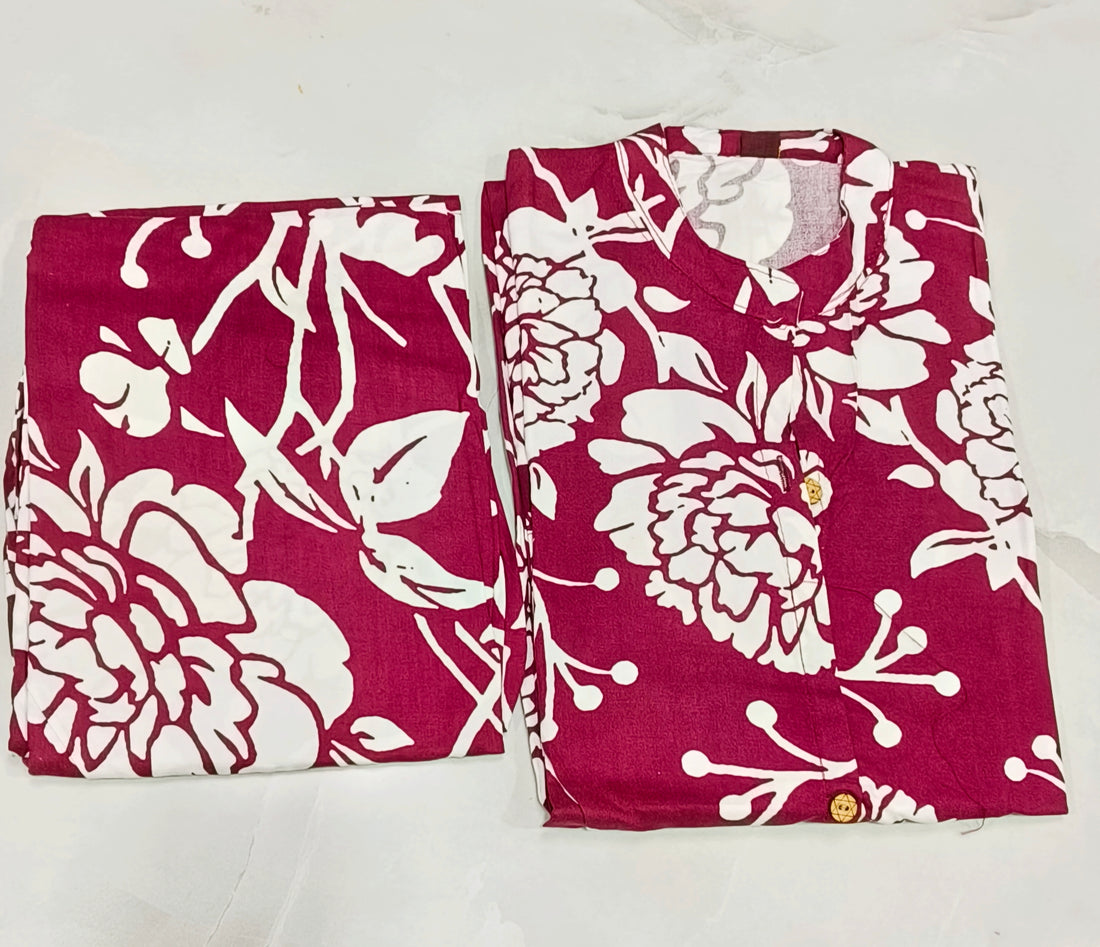 Maroon Cotton Floral Printed A-line Co-ord Set for Women (Top & Pant Set)