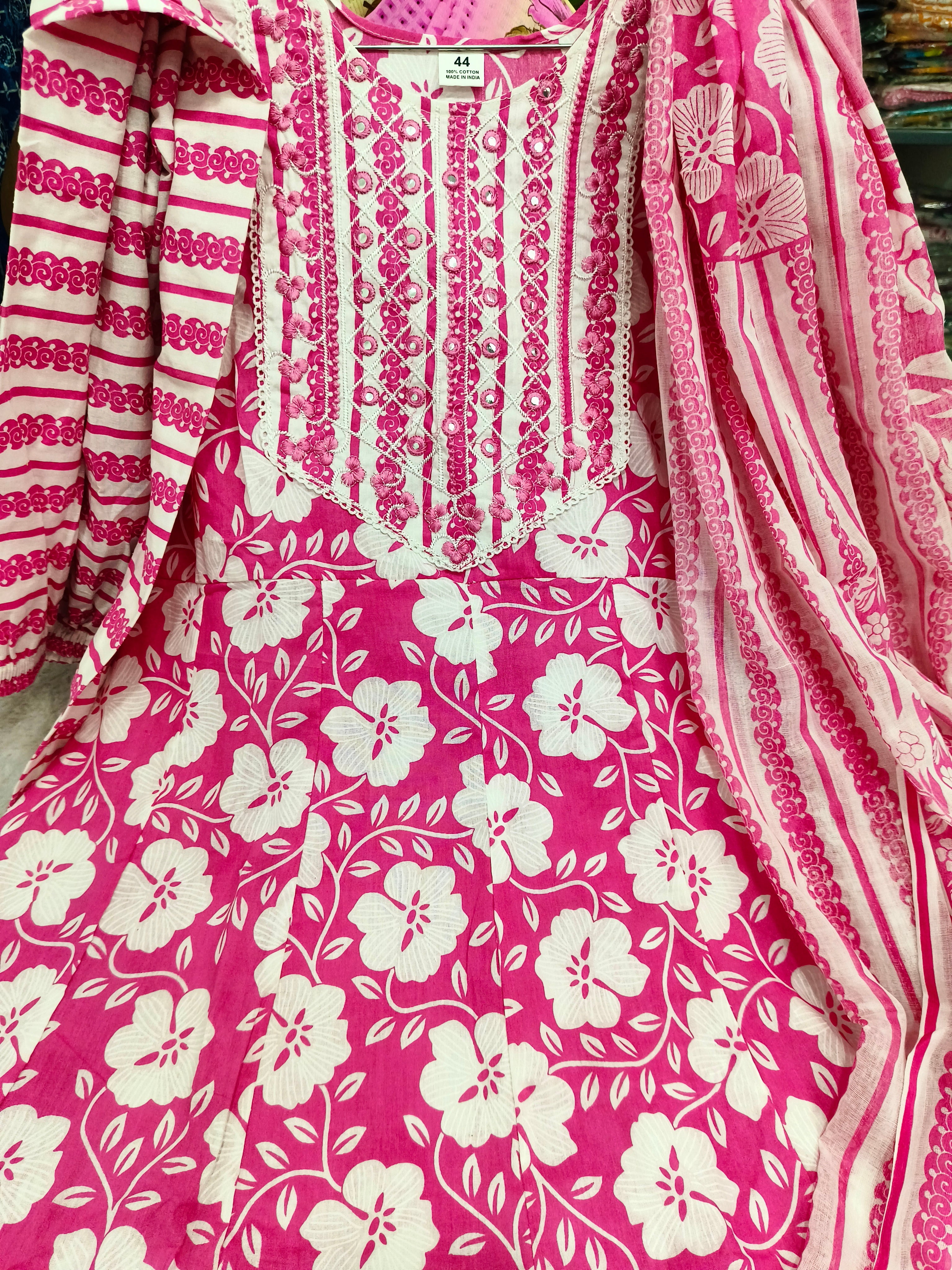 Pink Premium Cotton Floral Umbrella Kurti 3-Piece Set with Pant & Dupatta