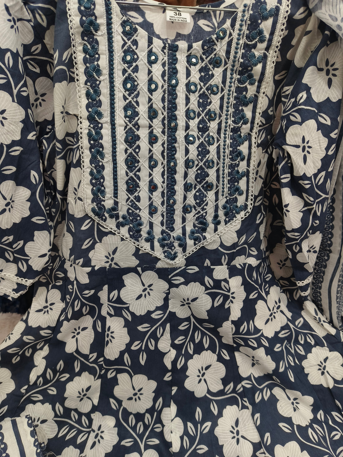 Blue shade Premium Cotton Floral Umbrella Kurti 3-Piece Set with Pant & Dupatta