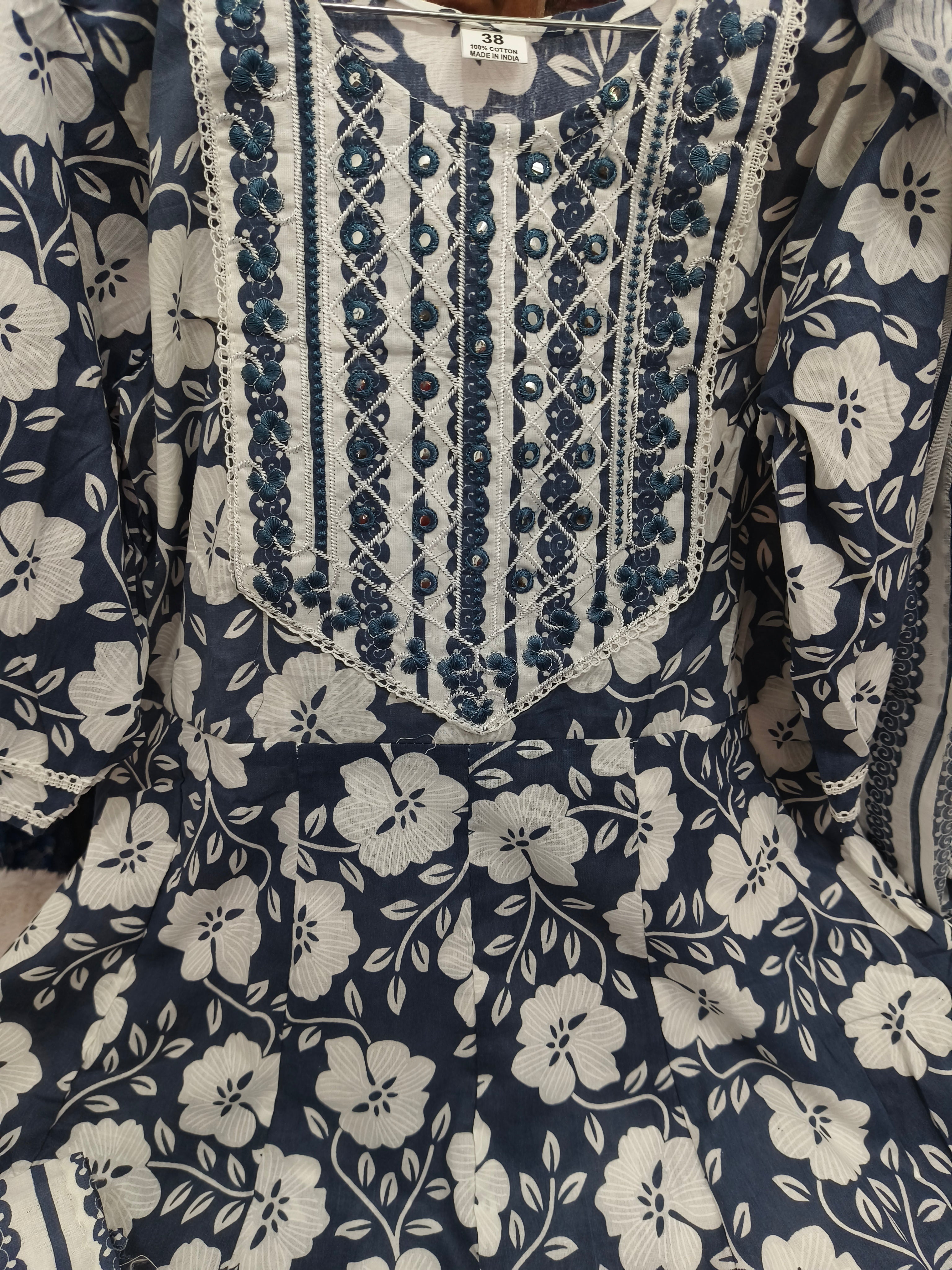 Blue shade Premium Cotton Floral Umbrella Kurti 3-Piece Set with Pant & Dupatta